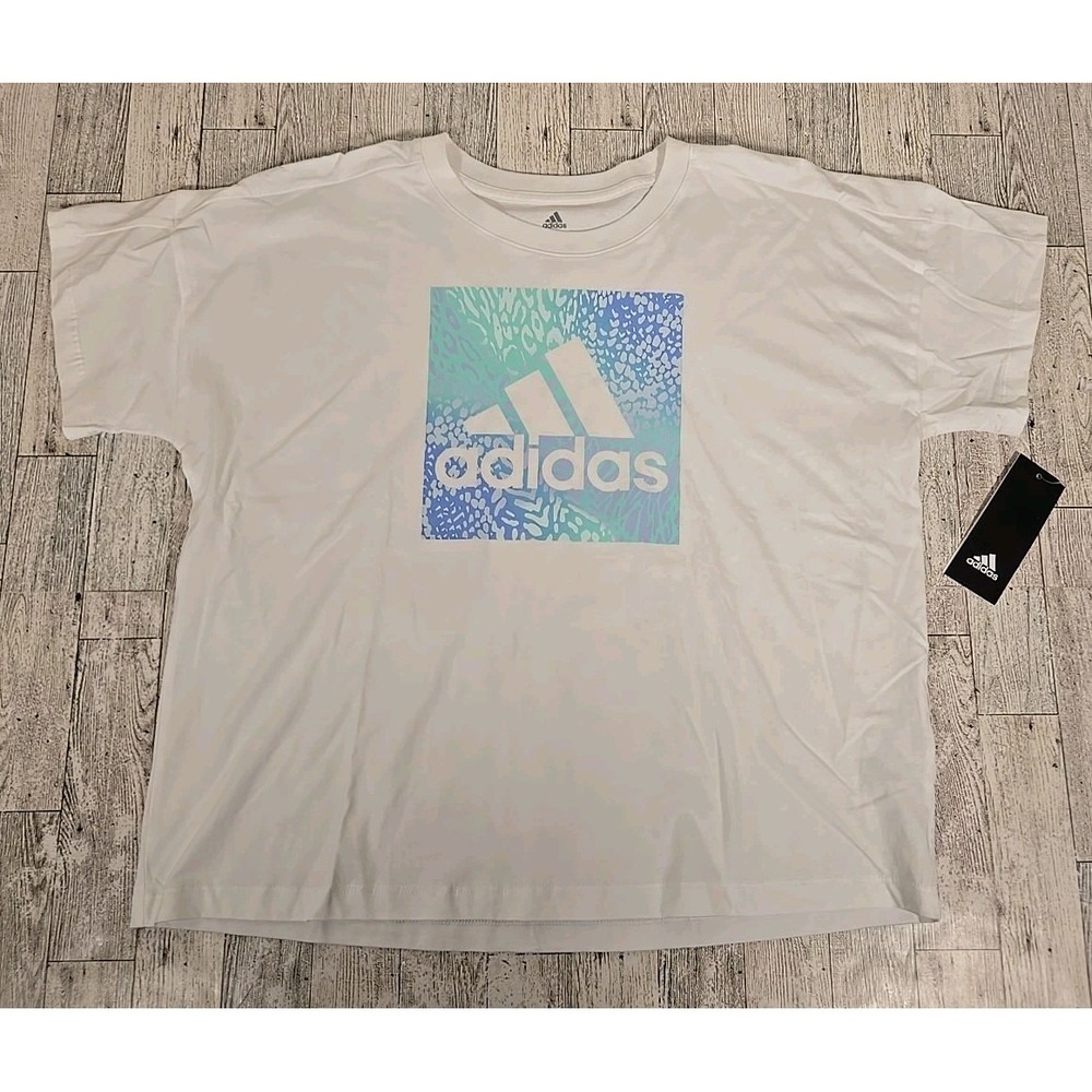 Adidas Shirt XL (16) Girls Boxy Cut Short Sleeve White Graphic Print NEW